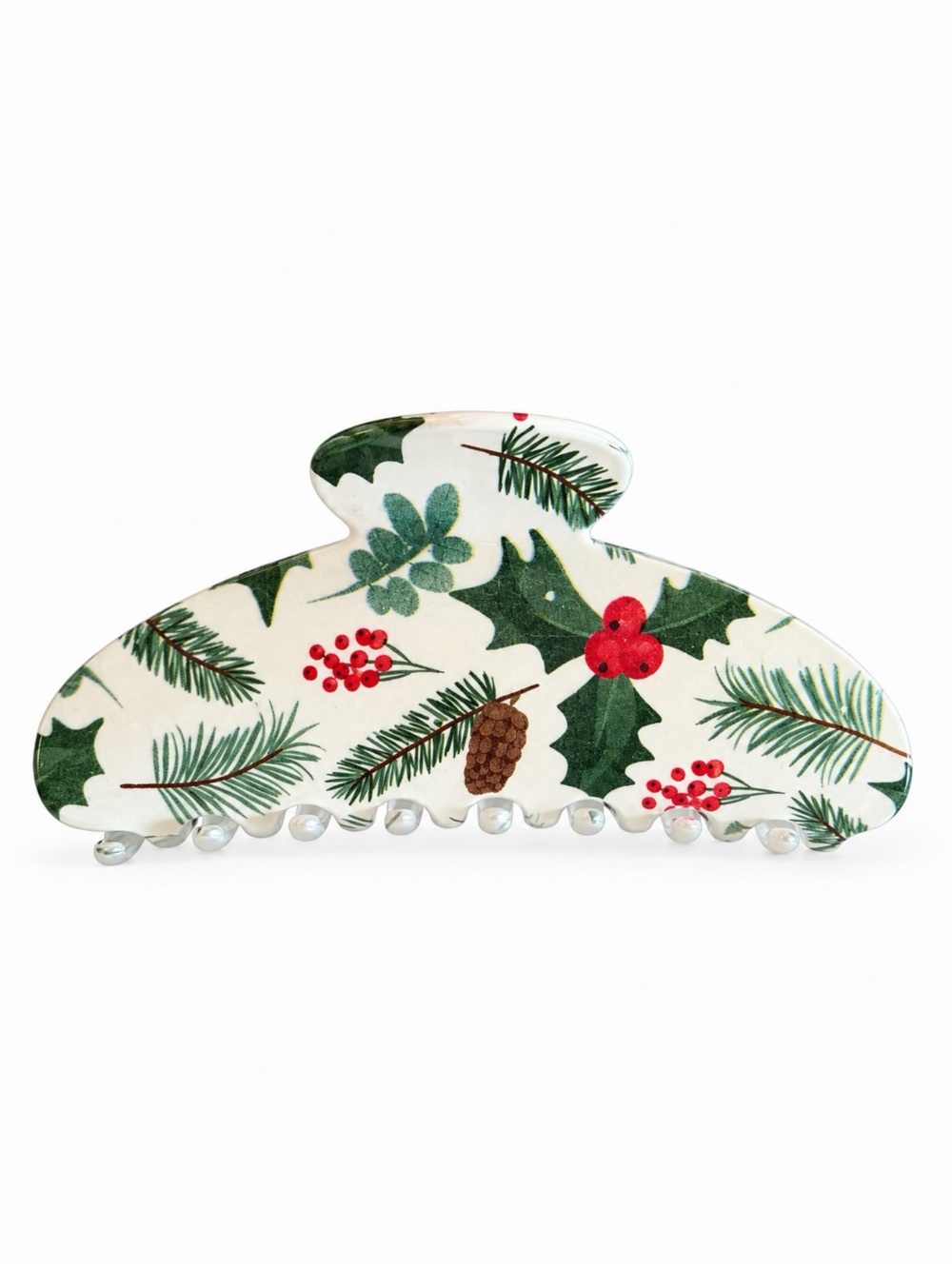 Red Holly Berry & Green Pinecone Christmas Tree Themed 4" Lobster Claw Hair Clip